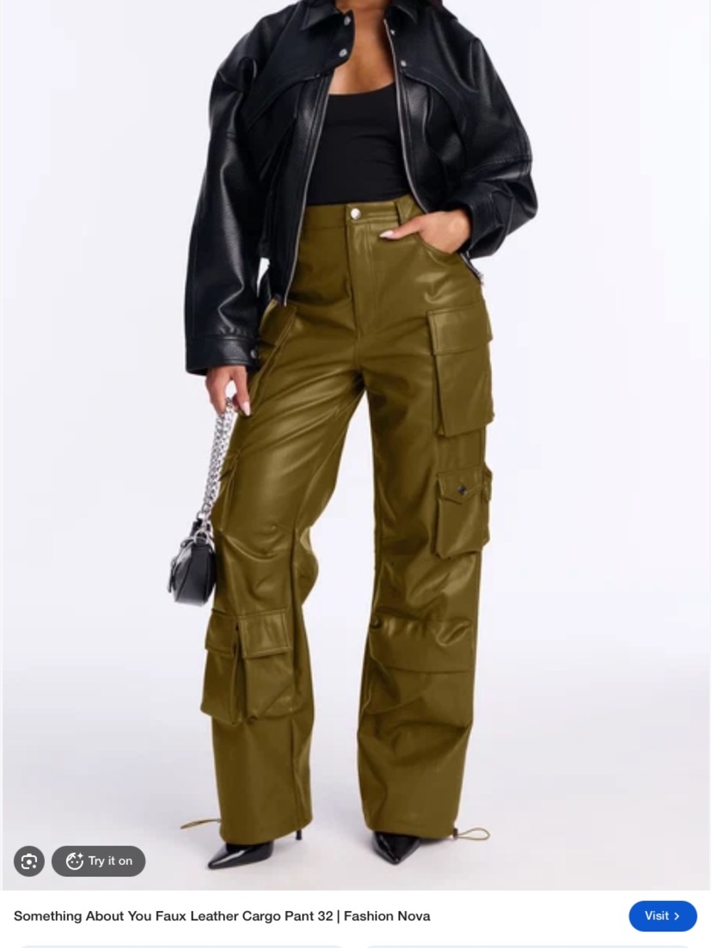 Fashion Nova Olive Faux Leather Wide Leg Cargo Pants